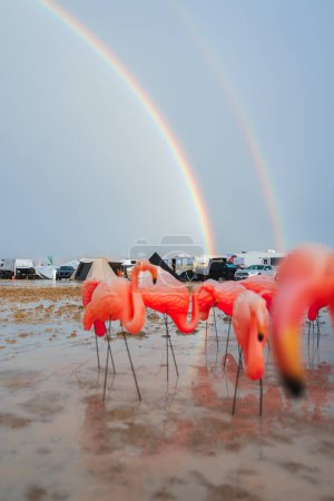 Vibrant pink flamingo lawn ornaments stand out in a desert festival scene post rainfall. A double rainbow adds wonder to the temporary camping area behind them.