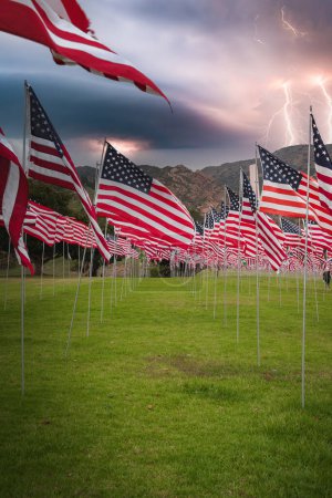 Dramatic American flag display in grassy field under stormy sky, California coastal region. Beauty of nature and resilience of American spirit captured.