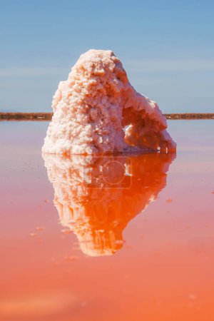 Explore the stunning natural wonder of the Alviso Pink Lake Park in California. A large, conical salt formation emerges from vibrant pink waters, creating a captivating scene against a clear blue sky.
