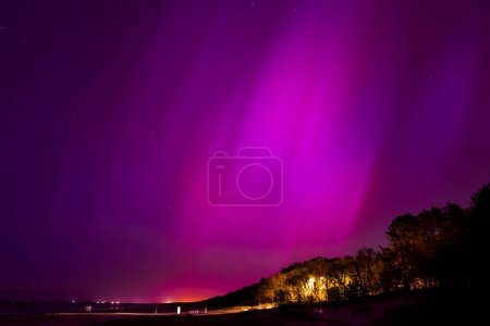 Stunning display of purple and pink aurora borealis over Jurmala, Latvia. Darkened beach and tree silhouettes create a captivating coastal landscape.