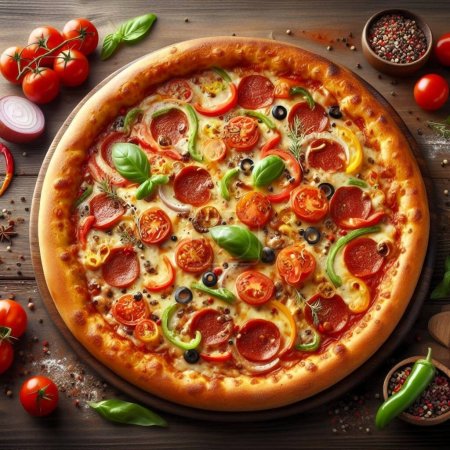 duża pizza patelnia zwieńczona pepperoni mozzarella i ser cheddar .
