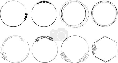 Illustration for Group of frames or circular shapes decorated with plant leaves or small heart - Royalty Free Image