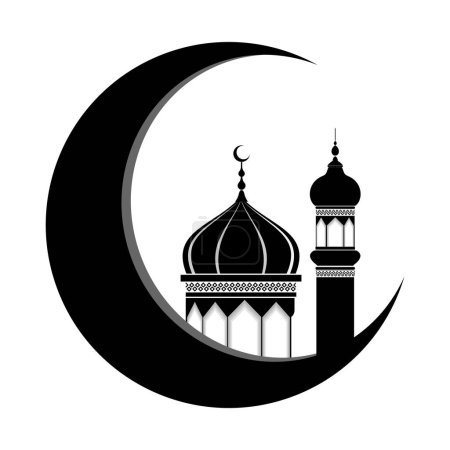 A black silhouette of a crescent moon with a mosque dome and minaret inside