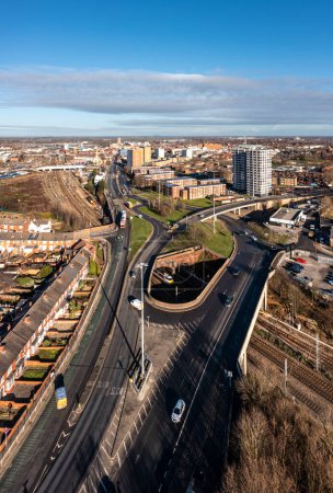 Foto de An aerial landscape view of the main road into Doncaster city centre with the East Coast Main Line railway providing access to the newly named English city - Imagen libre de derechos