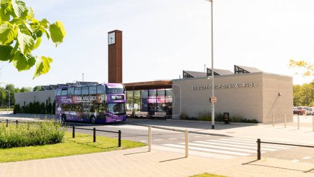 Photo for STOURTON, LEEDS, UK - MAY 25, 2023.  A double decker bus at Stourton Park and Ride ready to transport commuters from out of town parking to Leeds city centre - Royalty Free Image