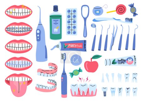 Illustration for Vector dental oral care hand drawn doodle set. Smile and teeth care mouthwash, toothpaste, tongue scraper tools. Dentistry plaque tablets, water flosser and different types of toothbrush illustration. - Royalty Free Image