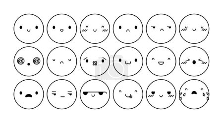 Illustration for Vector kawaii emoji with different emotions set. Round cute faces with different emotional expressions isolated. Line happy, neutral, crying, excited and cool cute faces for social media. - Royalty Free Image