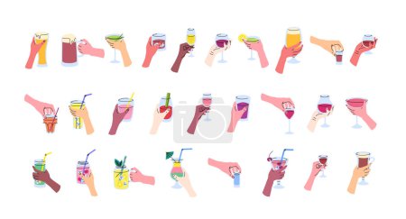 Illustration for Vector hands holding glasses with alcohol and non alcohol drinks set. Doodle hands of different skin color holding glasses filled with beverages. Vodka, whiskey, rum, beer and wine vessels. - Royalty Free Image