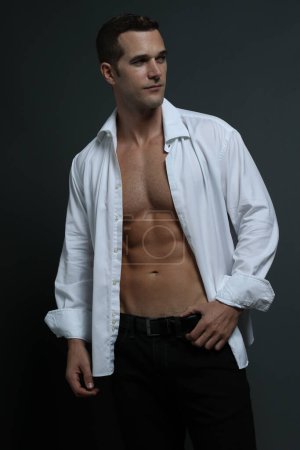 Male model wearing open dress shirt
