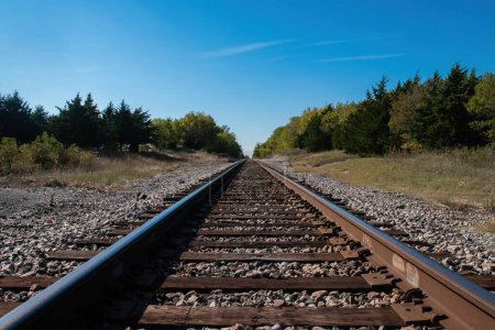 Foto de Un conjunto de vías del ferrocarril desapareciendo en el horizonte distante mientras se dirigen sobre una pequeña colina arbolada en una mañana soleada. - Imagen libre de derechos