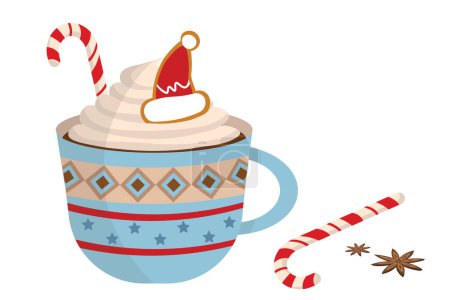 Illustration for Merry Christmas ornamental cute mug with hot cocoa or coffee, sweet cream, Santa Claus hat, gingerbread cookie, candy canes, and star anise. - Royalty Free Image