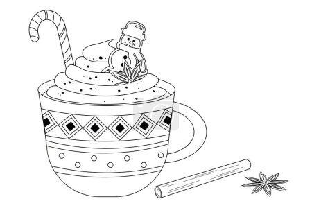 Illustration for Outline Christmas ornamental mug with hot cocoa or coffee, sweet cream, snowman gingerbread cookie, candy cane, cinnamon stick and star anise. - Royalty Free Image
