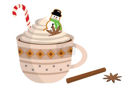 Téléchargez les illustrations : Tasse décorative de Noël avec cacao chaud ou café, crème sucrée, biscuit au pain d'épice bonhomme de neige, canne à bonbons, bâton de cannelle et anis étoilé. - en licence libre de droit