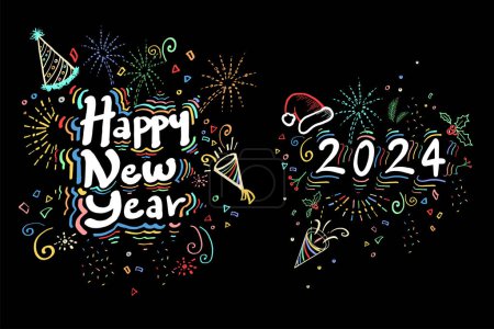Illustration for Happy new Year 2024 Design Hand Drawn Doodle Style New Year and Christmas Colorful Decorations - Royalty Free Image