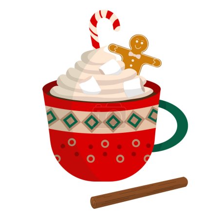 Téléchargez les illustrations : Joyeux Noël tasse ornementale avec cacao chaud ou café, crème douce, canne à bonbons, biscuit au pain d'épice, guimauves et bâton de cannelle - en licence libre de droit