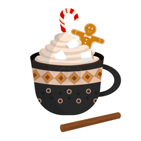 Illustration for Merry Christmas ornamental mug with hot cocoa or coffee, sweet cream, candy cane, gingerbread cookie, marshmallows and cinnamon stick - Royalty Free Image
