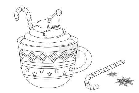 Téléchargez les illustrations : Décrivez Joyeux Noël tasse décorative mignonne avec du cacao chaud ou du café, crème douce, biscuit au pain d'épice Père Noël, cannes à bonbons et fleurs de vanille. - en licence libre de droit