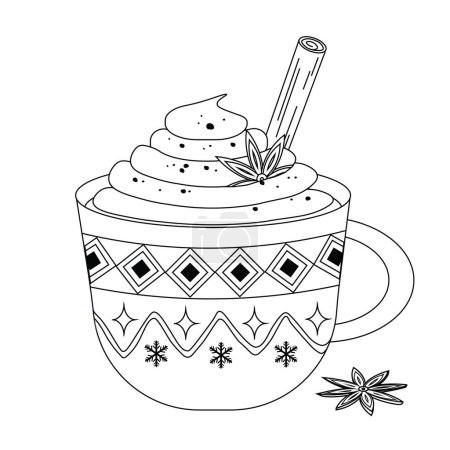 Téléchargez les illustrations : Tasse avec chocolat chaud ou crème de café sucrée à la cannelle, pépites de chocolat et fleurs d'anis Isolé sur fond blanc - en licence libre de droit