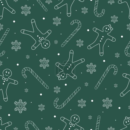 Ilustración de Galletas de pan de jengibre de Navidad, bastones de caramelo y copos de nieve patrón sin costuras - Imagen libre de derechos