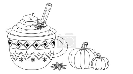 Téléchargez les illustrations : Décrivez Citrouilles avec tasse de boisson chaude. Design d'automne isolé sur fond blanc - en licence libre de droit
