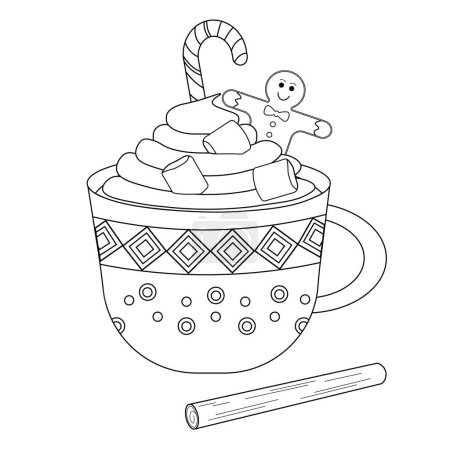 Ilustración de Feliz Navidad taza ornamental con cacao caliente o café, crema dulce, galleta de jengibre, malvavisco y rama de canela - Imagen libre de derechos