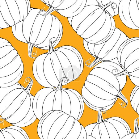 Illustration for Outline style pumpkins seamless pattern design on orange background in minimal style - Royalty Free Image