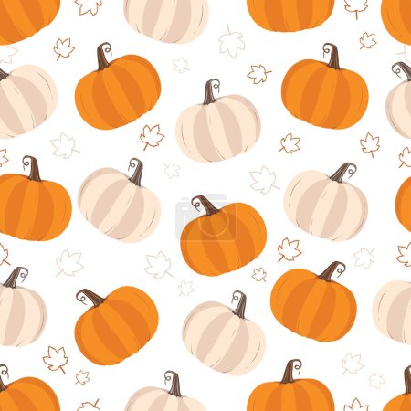 Illustration for Flat style pumpkins and leaves seamless pattern design in minimal style - Royalty Free Image