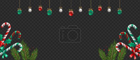 Ilustración de Marco de Navidad con bastones de caramelo, bolas, bayas de acebo y ramas de abeto - Imagen libre de derechos