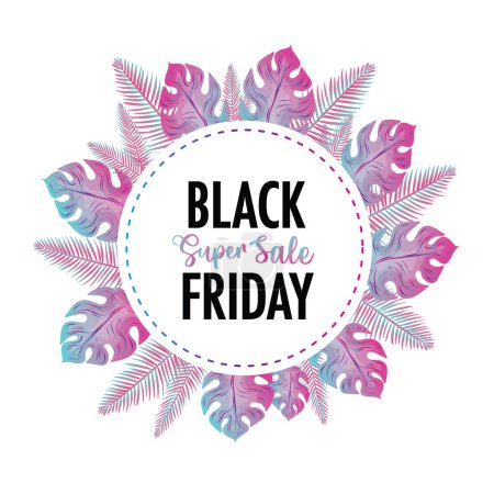 Illustration for Black Friday round frame with glowing neon light tropical leaves - Royalty Free Image