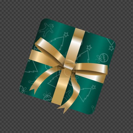 Illustration for Green Christmas gift box with golden ribbon on transparent background - Royalty Free Image