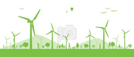 Ilustración de Ilustración vectorial de aerogeneradores de energía verde. Concepto de energía sostenible tecnológica y energía alternativa - Imagen libre de derechos