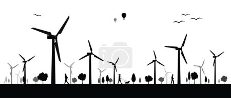 Ilustración de Ilustración vectorial de turbinas eólicas negras. Concepto de energía sostenible tecnológica y energía alternativa - Imagen libre de derechos