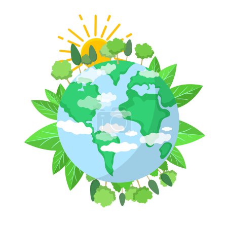 Ilustración de Eco Friendly and Green Energy Concept Vector Flat Design Illustration. Globe Earth Planet y Green Energy Concept Elementos de diseño vectorial. Diseño Moderno Planeta Mundial y Paisaje Natural. - Imagen libre de derechos
