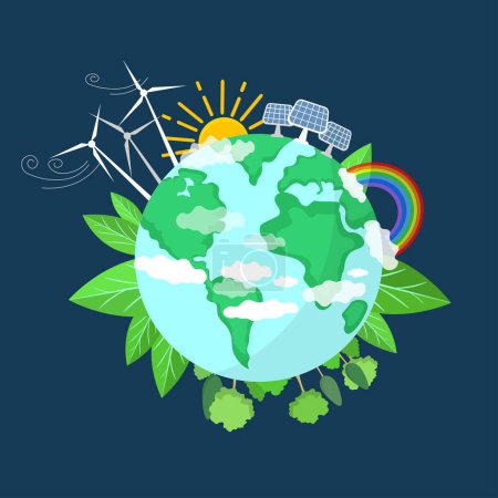 Ilustración de Eco Friendly and Green Energy Concept Vector Flat Design Illustration. Globe Earth Planet y Green Energy Concept Elementos de diseño vectorial. Diseño Moderno Planeta Mundial y Paisaje Natural. - Imagen libre de derechos