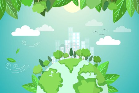 Eco Friendly and Green Energy Concept Vector Flat Design Illustration. Globe Earth Planet and Green Energy Concept Vector Design Elements. Modern Design World Planet and Natural Landscape.