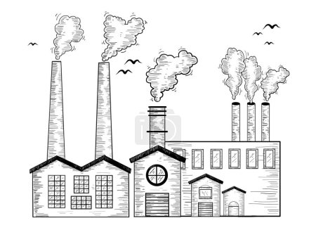 Illustration for Vector Hand Drawn Industry Factory Illustration. Industrial landscape engraving style illustration. Factory building with windows, roofs and smoking chimneys Smoke and birds isolated on brown backdrop - Royalty Free Image