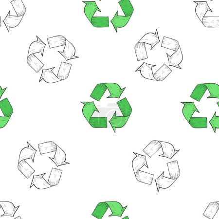 Illustration for Recycle Sign and Renewable Icon Vector Seamless Pattern Hand Drawn Retro Style Recycling Concept Pattern Background Can be used as Wallpaper Card or Banner Template. Eco Friendly and Reusable Products - Royalty Free Image