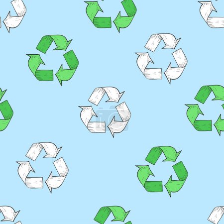 Illustration for Recycle Sign and Renewable Icon Vector Seamless Pattern Hand Drawn Retro Style Recycling Concept Pattern Background Can be used as Wallpaper Card or Banner Template. Eco Friendly and Reusable Products - Royalty Free Image