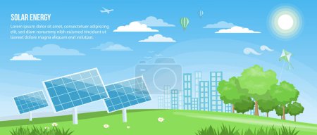 Solar Energy. Alternative energy and ecology concept vector banner design. Isolated design elements. Vector landscape with sun panels design elements. Renewable energy and clean environment design
