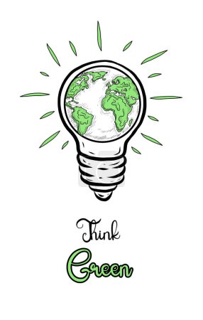 Illustration for Think Green Save World. Green Energy and Clean Environment concept Hand Drawn Illustration. Green Earth and plant growing inside a light bulb. Clean environment and Renewable Energy Concept Banner. - Royalty Free Image