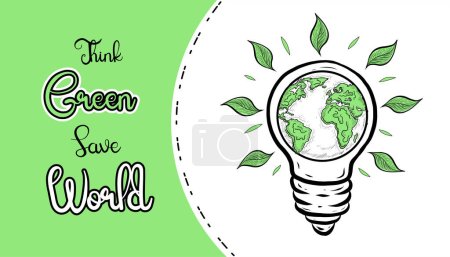 Illustration for Think Green Save World. Green Energy and Clean Environment concept Hand Drawn Illustration. Green Earth and plant growing inside a light bulb. Clean environment and Renewable Energy Concept Banner. - Royalty Free Image