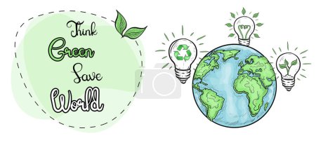 Téléchargez les illustrations : Pensez Green Save World. Concept énergie verte et environnement propre Illustration dessinée à la main. Terre verte et plante poussant à l'intérieur d'une ampoule. Environnement propre et énergie renouvelable Concept Bannière. - en licence libre de droit