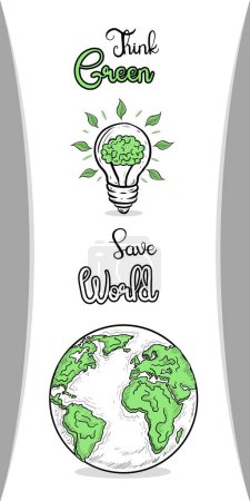 Ilustración de Piensa en Green Save World. Concepto Energía Verde y Medio Ambiente Limpio Ilustración Dibujada a Mano. Tierra verde y planta creciendo dentro de una bombilla. Banner de concepto de energía renovable y medio ambiente limpio. - Imagen libre de derechos