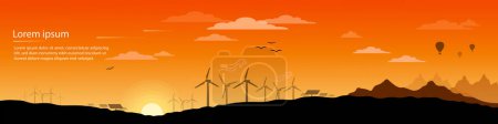 Illustration for Printable Eco Friendly Energy Renewable Power Concept Vector Banner. Vector Flat design elements for Clean Environment concept vector banner design Sunset landscape. Can be used for print or in web. - Royalty Free Image