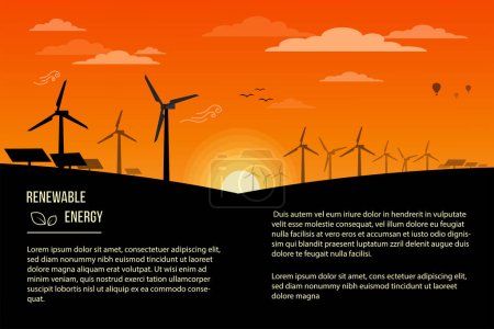 Illustration for Printable Eco Friendly Energy Renewable Power Concept Vector Banner. Vector Flat design elements for Clean Environment concept vector banner design Sunset landscape. Can be used for print or in web. - Royalty Free Image