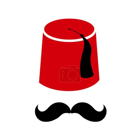 Illustration for Red Turkish hat fez and black mustache vector isolated element, Turkish symbols. - Royalty Free Image
