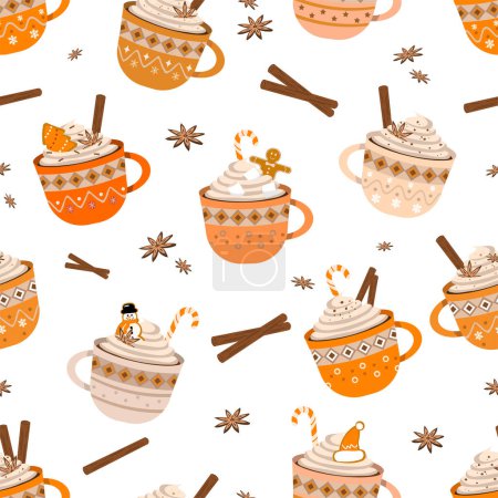 Ilustración de Otoño Navidad lindo tazas patrón sin costuras con chocolate caliente o crema dulce de café, galletas de jengibre bastones de caramelo, palitos de canela - Imagen libre de derechos