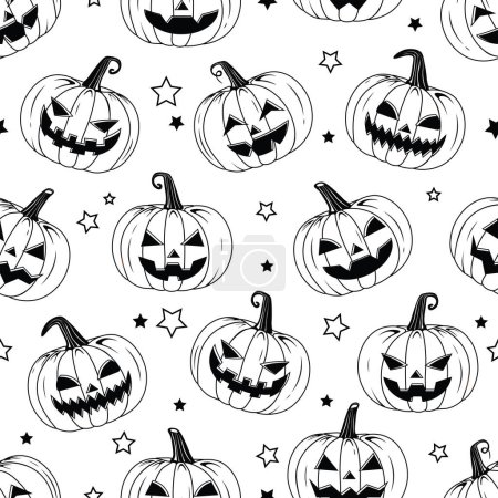 Ilustración de Patrón sin costura de calabazas de Halloween de miedo estilo vectorial con estrellas textura imprimible - Imagen libre de derechos