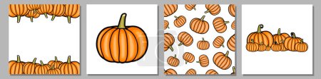 Illustration for Vector cartoon style Halloween and Thanksgiving pumpkins designs collection set. Repeatable and printable pumpkins seamless pattern, pumpkins, frame - Royalty Free Image
