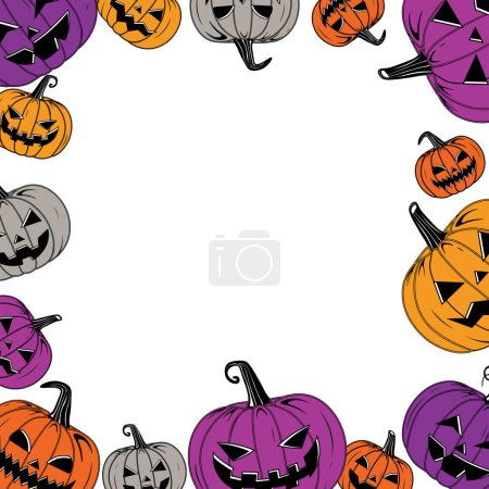 Vector Colorful Halloween Pumpkins Frame Template Isolated on White Background Vintage Style Scary Halloween pumpkins Collection with creepy faces